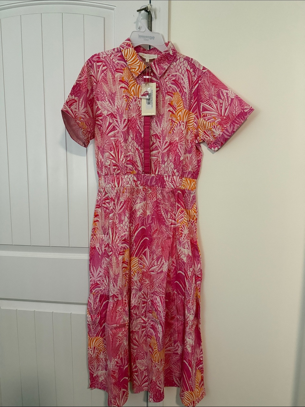 Women's Pink Tropical Print Shirt Dress